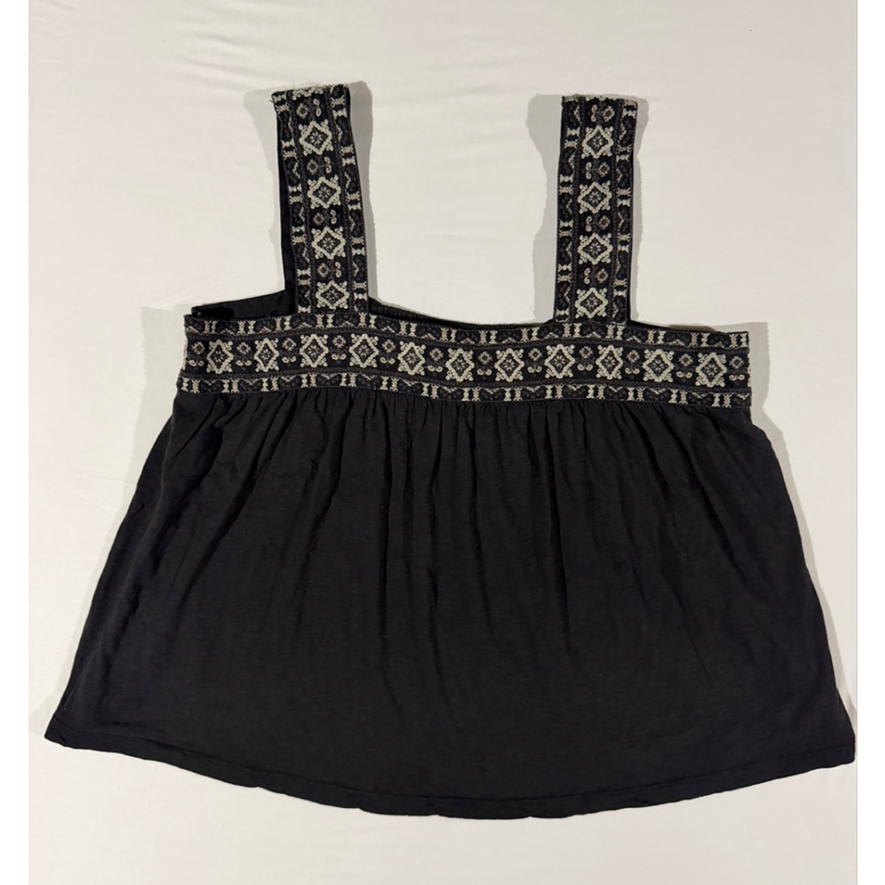 XL Lucky Brand Black Boho Embroidered Strap Tank Peplum Festival Babydoll